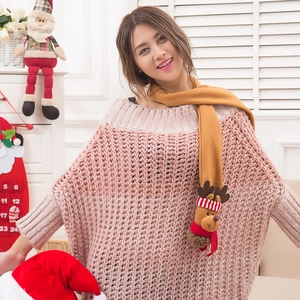 Pink chunky knit sweater and yellow scarf with 3D reindeer decor for Christmas