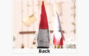 Back view of festive Christmas gnome wine bottle covers in red and grey felt designs