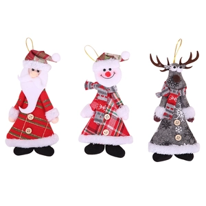 Three-piece Christmas plush ornaments set featuring Santa Claus, snowman, and reindeer figures