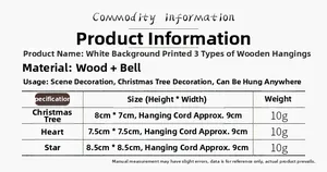 Size specifications for wood Christmas tree heart and star pendants with metal bells