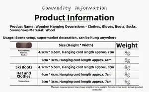 Size chart for wooden Christmas pendants including gloves, socks, boots and sled details