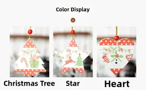 Close-up of wood Christmas tree star and heart ornaments with red polka dots