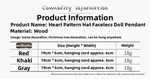 Size chart showing wooden faceless doll ornaments dimensions of 19cm by 6cm with lanyard