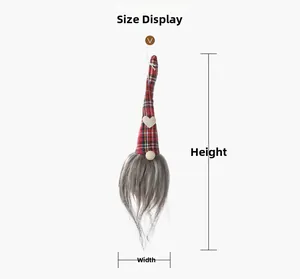 Size display of a Christmas gnome ornament with red plaid hat and grey faux fur beard