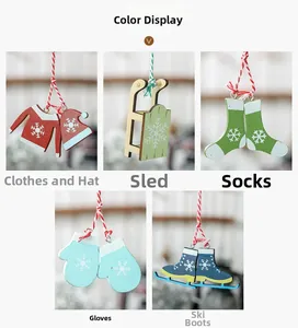 Detailed view of festive wooden Christmas tree ornaments with colorful winter ski patterns
