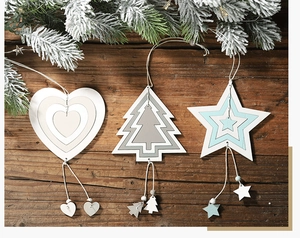 Three-piece set of wooden Christmas ornaments featuring heart, star, and tree designs
