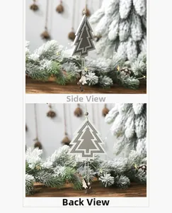 Side and back view of hollow wooden Christmas tree ornament with rustic grey white finish