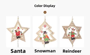 Detailed close-up of three laser-cut wooden Christmas tree and star ornaments