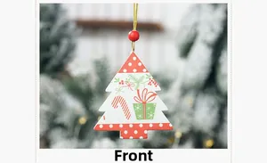 Front view of a three-tier wooden Christmas tree ornament with festive red and white patterns