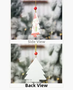 Detail view of wooden Christmas tree hanging ornament showing side and back angles