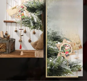 Detailed view of hollow wooden Christmas star and tree ornaments with hand-painted characters