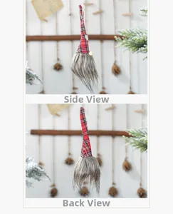 Detail side and back view of a Christmas gnome ornament with red plaid hat and grey beard