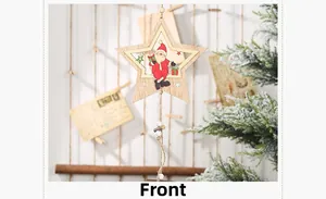 Detail of wooden star ornament featuring a colorful seated Santa Claus with gift bags