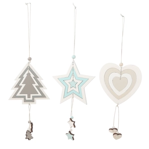 Set of 3 layered wooden Christmas ornaments featuring tree, star, and heart shapes