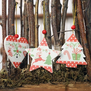 Three-piece wooden Christmas ornaments set with star heart and tree designs on branches