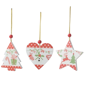 Three-piece wooden Christmas ornaments set with heart, star and tree shapes in festive colors
