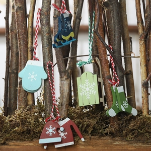 5-piece painted wooden Christmas ornaments featuring skates and sled on natural wood branches
