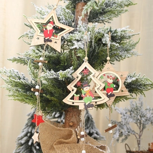 Wooden Christmas tree and star ornaments with painted Santa, Snowman, and Reindeer motifs