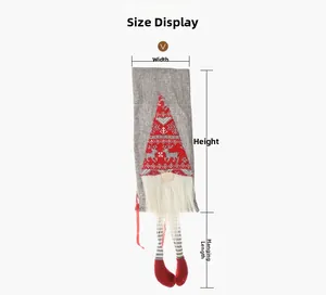 Size display of Christmas gnome wine bottle cover with grey linen and red patterned hat