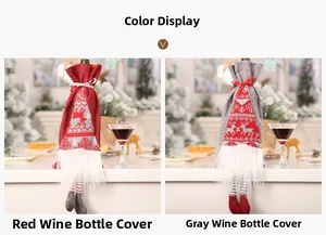 Detail of red and grey knitted gnome wine bottle covers with reindeer patterns