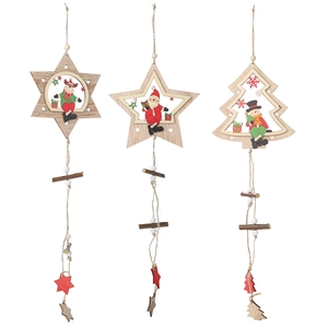 Three-piece set of wooden Christmas ornaments with reindeer, Santa and snowman designs