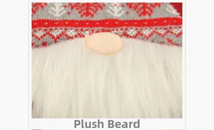 Macro detail of Christmas gnome wine cover showing knitted hat and white faux fur beard