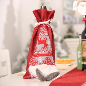 Rudolph Christmas wine bottle cover with grey reindeer knit and white faux fur beard decor
