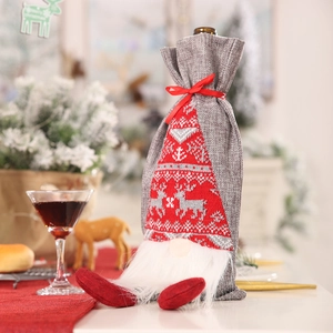 Christmas gnome wine bottle cover with grey linen, reindeer knit and white faux fur beard