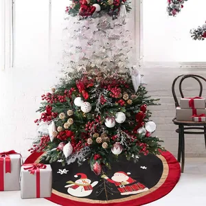 Classic 120cm Christmas tree skirt with Santa Claus and Snowman prints on black fabric