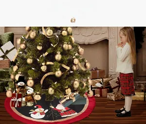Classic red and black Christmas tree skirt featuring Santa Claus and snowman patterns