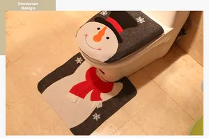 Close-up of snowman themed Christmas toilet cover and floor mat bathroom decoration set