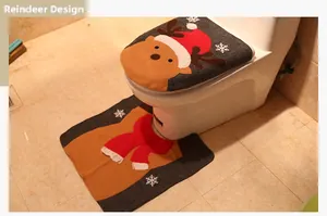 Detail view of festive reindeer toilet cover and floor mat set with 3D cartoon embroidery