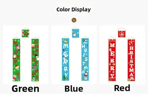 Three-piece Christmas banner sets in red, green, and blue featuring festive cartoon patterns