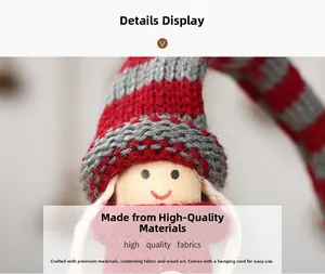 Detailed close-up of handmade Christmas doll with knit hat and wooden head ornament