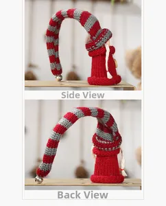Knitted Christmas gnome ornament showing side and back views with bell and stripes