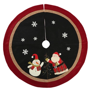 Classic 120cm Christmas tree skirt with Santa Claus and Snowman embroidery in black and red