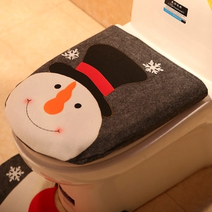 Christmas snowman themed toilet lid cover and floor mat set for holiday bathroom decoration