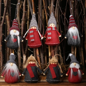 Set of 8 handmade Christmas forest gnomes with red and grey felt outfits for tree decoration