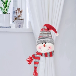 Charming snowman curtain tieback with red knit hat and striped scarf for Christmas decor