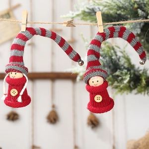 Set of two Christmas knitted doll ornaments with long hats and bells for holiday decor
