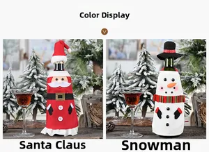 Detail view of Santa and Snowman wine bottle covers for Christmas festive table decoration