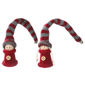 Set of two Christmas knitted doll ornaments with striped hats and tiny metal bells