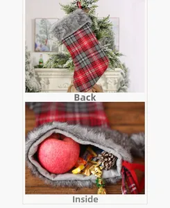 Close-up of red plaid Christmas stocking with faux fur trim showing large interior capacity