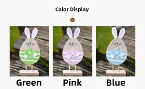 Three colorful Easter bunny wooden ornaments in green, pink and blue stripe patterns