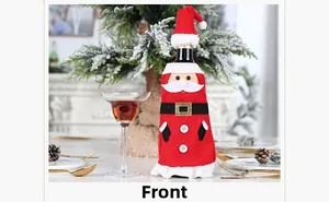 Detail showing Santa Claus wine bottle cover with red plush fabric and belt buckle