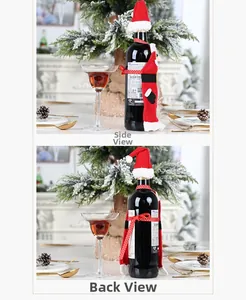 Detail view of the Santa suit wine bottle cover with mini hat and belt for Christmas decor