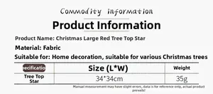 Size chart for 34x34cm fabric red flower Christmas tree topper showing weight and materials