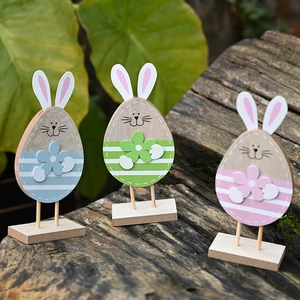 Easter Wooden Bunny Egg Desktop Ornament Nordic Striped Rabbit Figurine Tabletop Decoration For Spring Holiday Home Decor