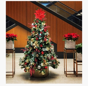 Classic Christmas tree with red poinsettia topper, LED lights, and festive ornaments
