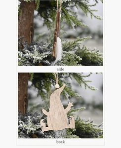 Side and back view of wooden Christmas gnome ornament with faux fur and jute string